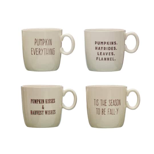 Hello Honey® 16oz. Cream & Brown Fall Saying Stoneware Mugs, 4ct.